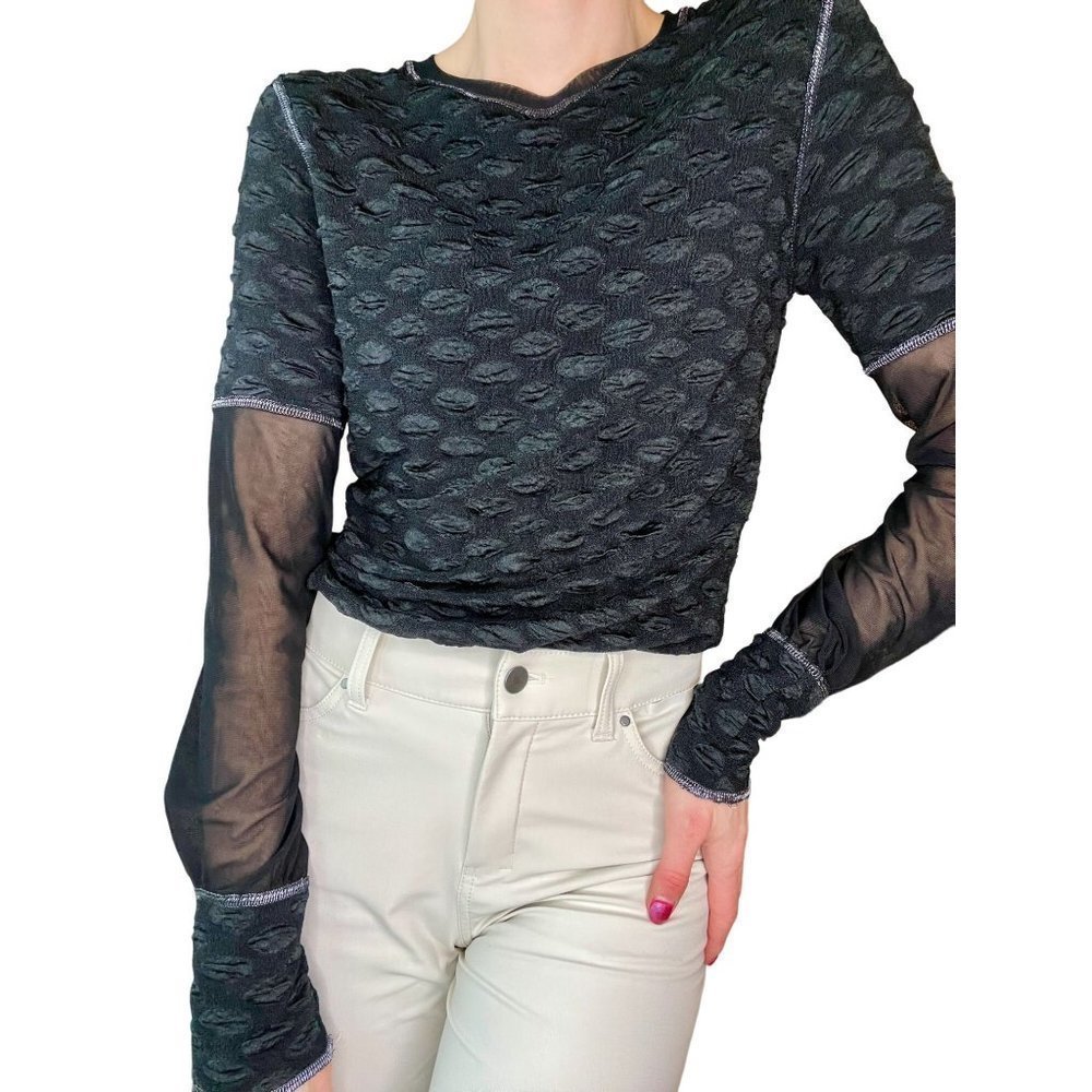 ZANNZA Couture textured sheer sleeve black blouse Sz.  L
